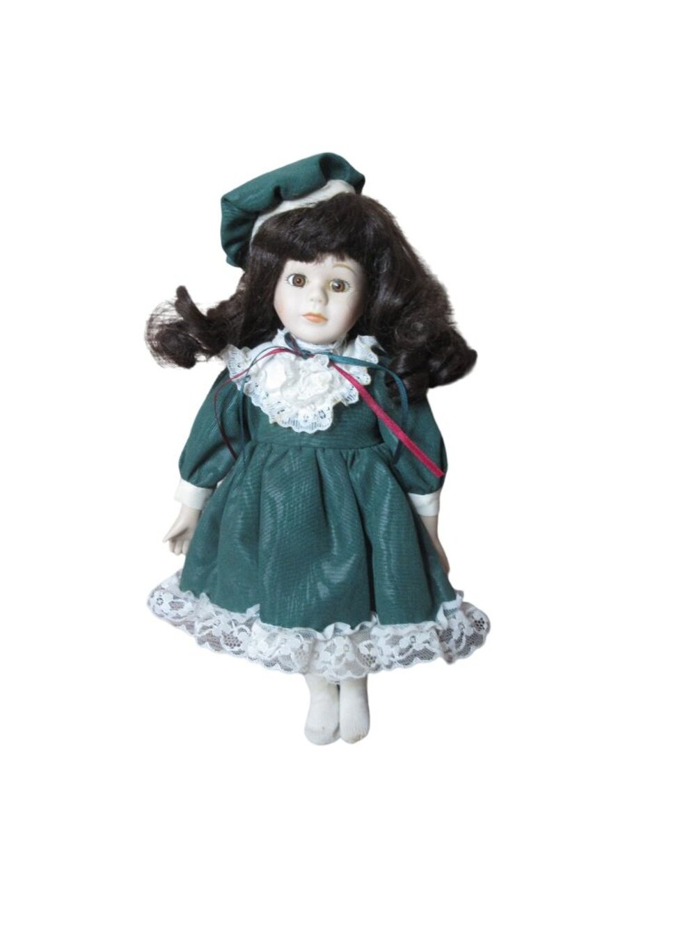 Porcelain Doll - 12" tall Brown Hair Satin Dress - READ